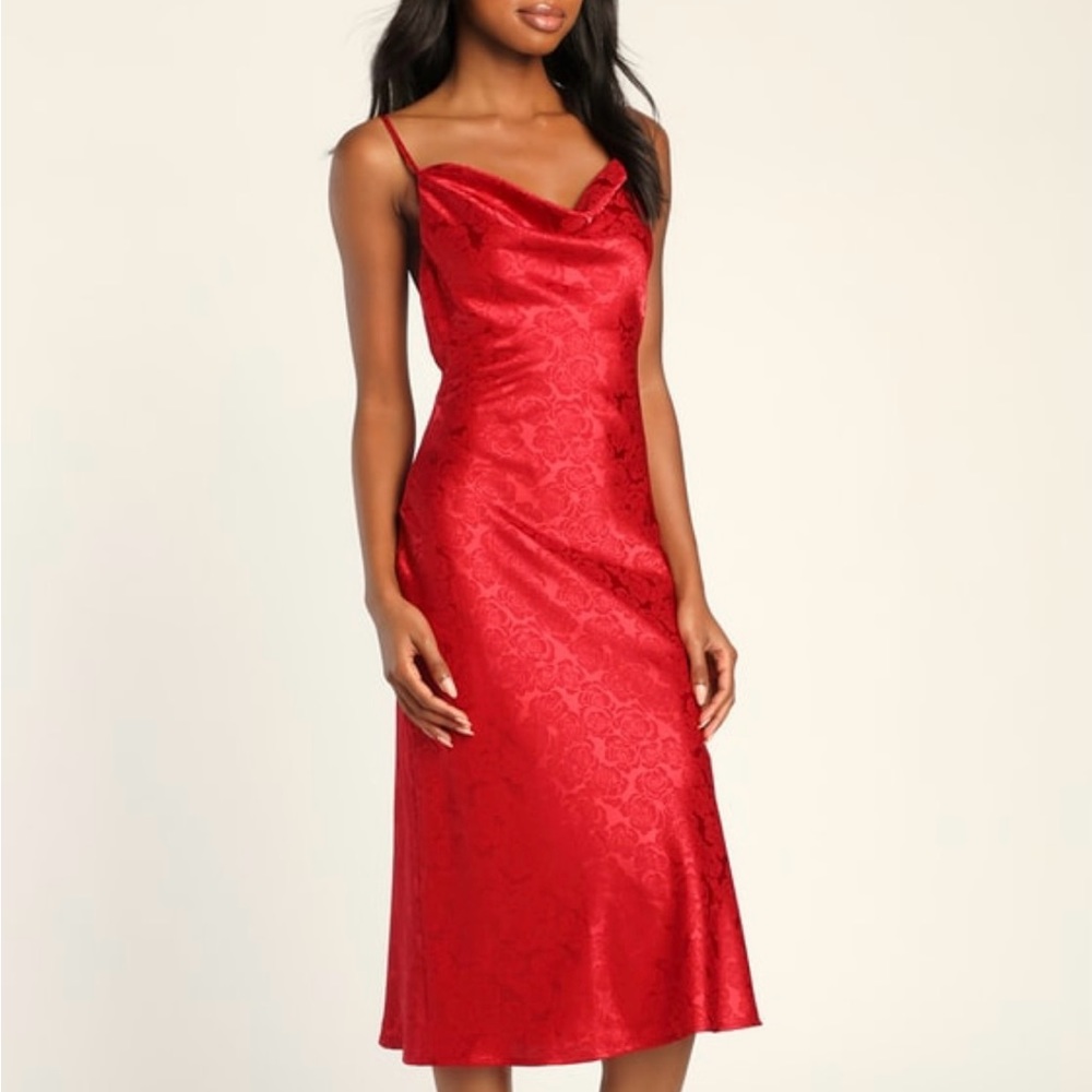 Lulu’s Dress: You're My Type Red Satin Jacquard Midi Slip Dress